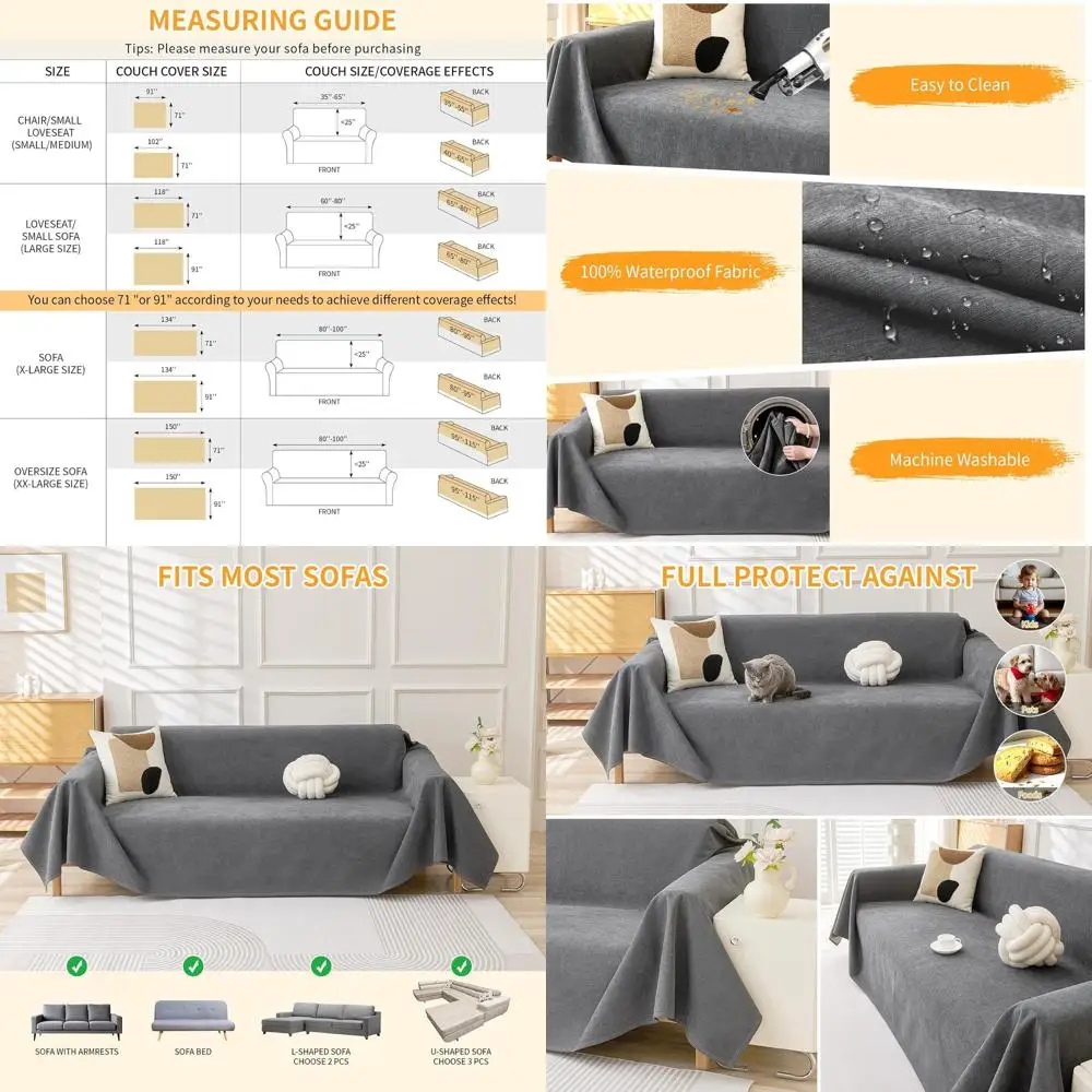 

Pet-Proof Couch Cover, Grey, 71x118, Waterproof, Anti-Slip, Thickened, 3-Cushion Sofa Protector for Dogs & Pets