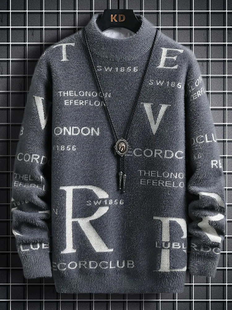 Autumn Winter Men's White Gray Mink Velvet Pullover Sweater Warm Soft Comfortable Black Blue Letter Print Inner Layer Sweater