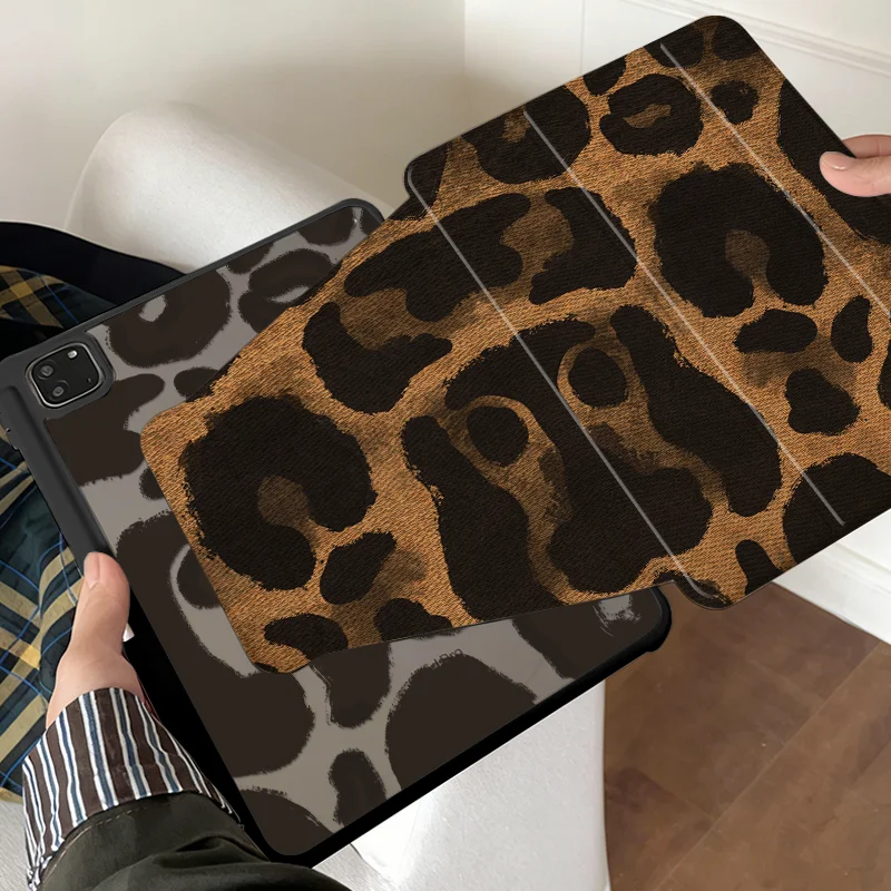 Denim Brown Leopard 360° Rotatable Tri-fold Case for iPad 10/11th, 2026 Air11, 2025 Pro11, Mini6/7, Pencil Slot, Auto Sleep Wake