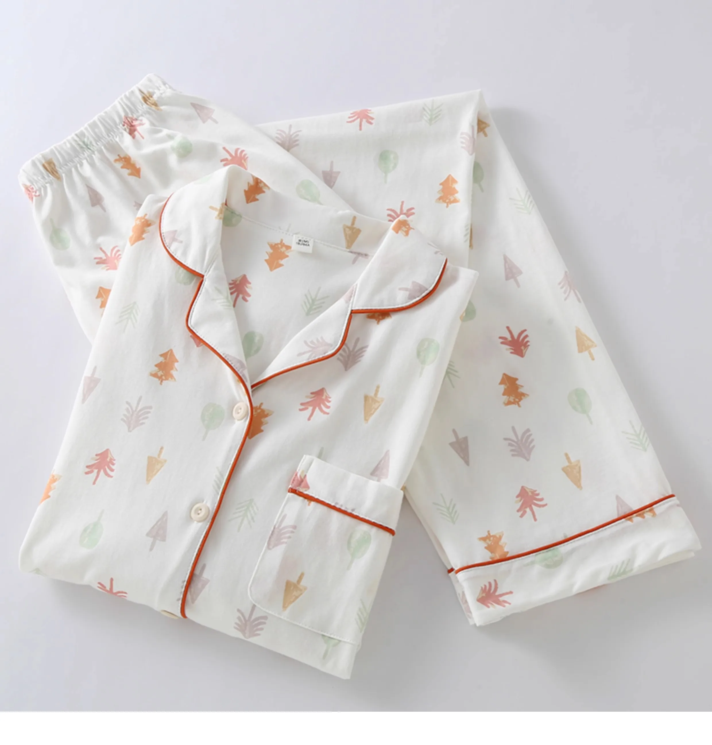 

Женский весенне-осенний удобный пижамный комплект из чистого хлопка, домашняя одежда в милом стиле с маленьким принтом дерева, повседневные свободные длинные брюки с длинными рукавами, пижамы больших размеров и брюки для сна