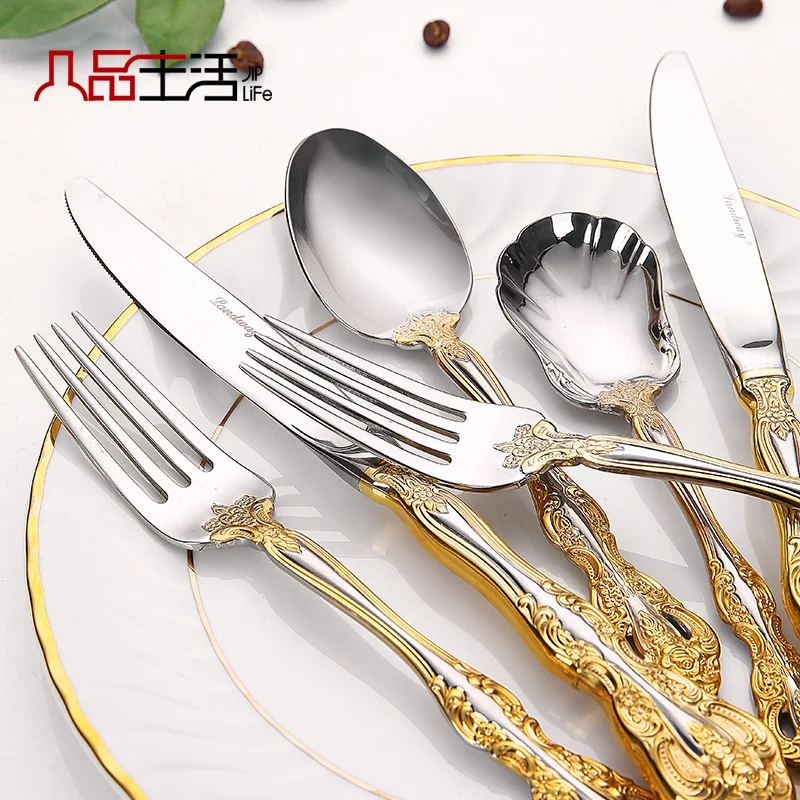 

Europe 304stainless Steel Cutlery Set Luxury Gold Royal Reusable Utensils Dinner Set Cubiertos Dorados Home Decoration EC50CJ