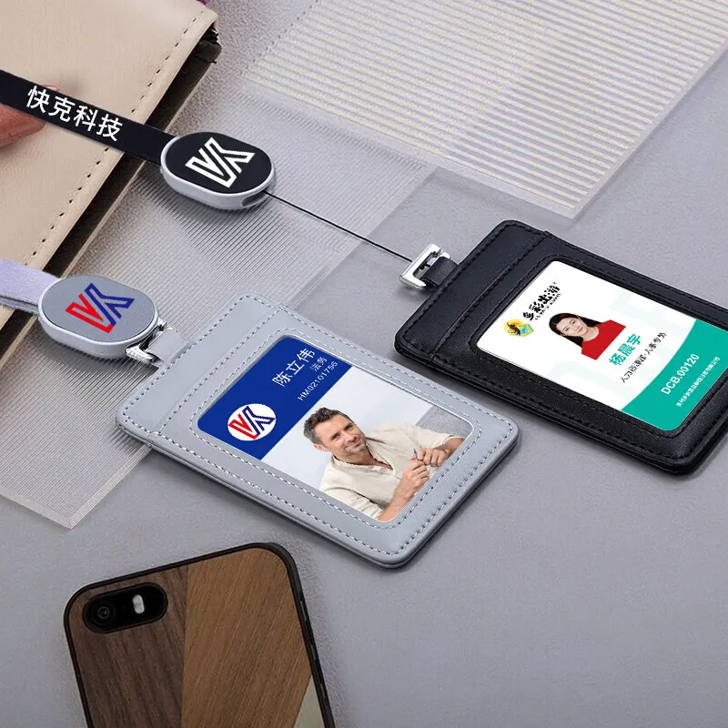 2025 NEW Real Leather Work Card Cases ID Certificate Holder with Retractable Badge Reel Lanyard