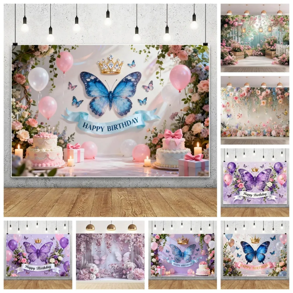 

Butterfly Flower Princess Birthday Party Photography Backdrop, Children's Birthday Decoration Banner Poster Photography Backdrop