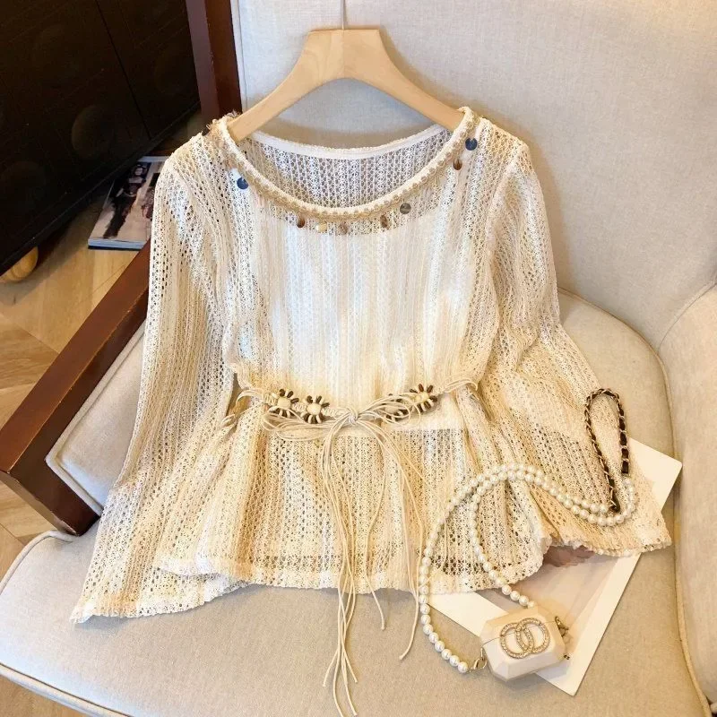 

Spring and Autumn new design sense, Korean loose and fashionable hollow top, camisole set, women's fashion top without belt