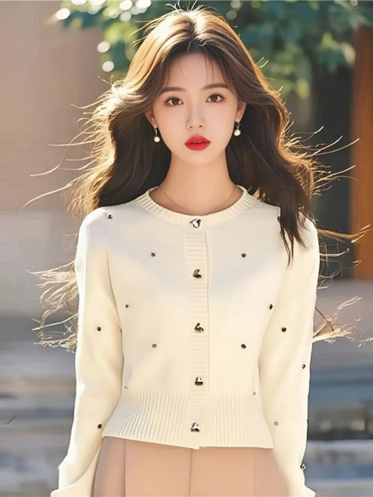 

Chic Heart Single Breasted Cardigan Diamond Outerwears Loose Knitted Sweater Small Fragrance Women Clothing Spring New Cardigans