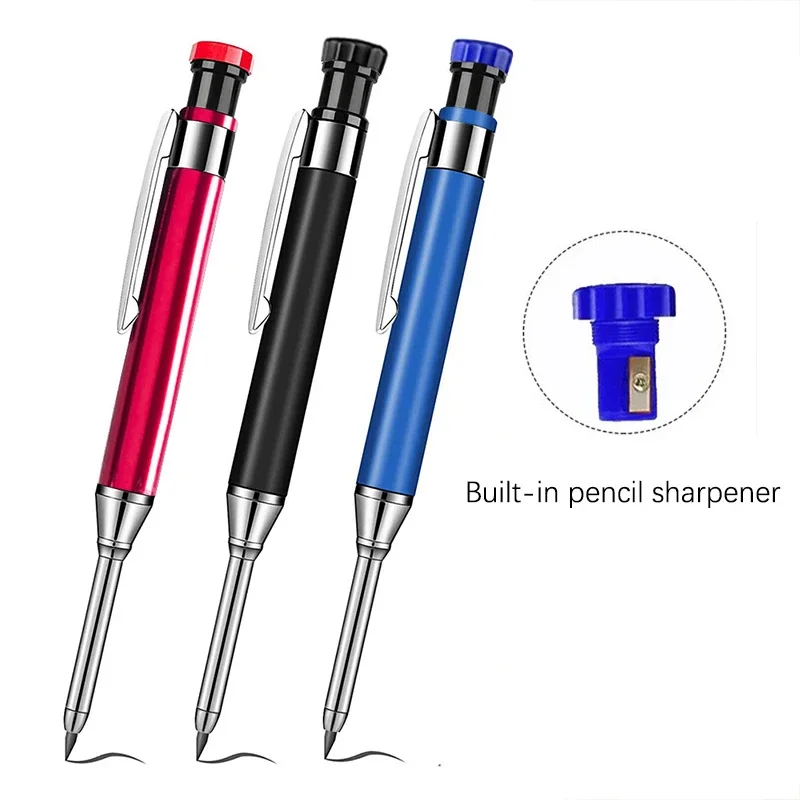 Set di Matite Automatiche per Falegnameria in Metallo Rosso, Nero e Blu da 2,8mm con Coperchio, Mina 2B per Marcatura di Fori Profondi e Disegno Tecnico