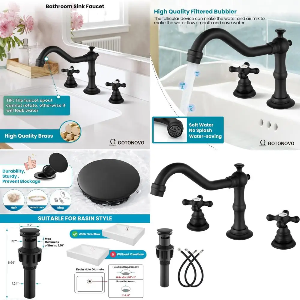 

8 Inch Widespread Matte Black Vintage Style Bathroom Sink Faucet with 2 Cross Handles and Pop-Up Drain