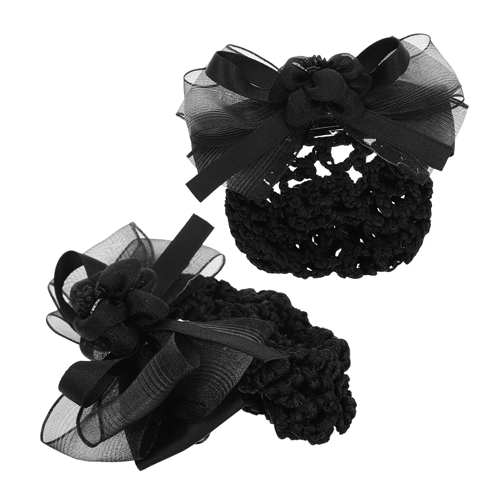 

Hair Net Bag 2 Pcs Decorative Snood Bun Cover Polyester Staff French Clips Satin Bow Hairnet Lace Bank Accessories