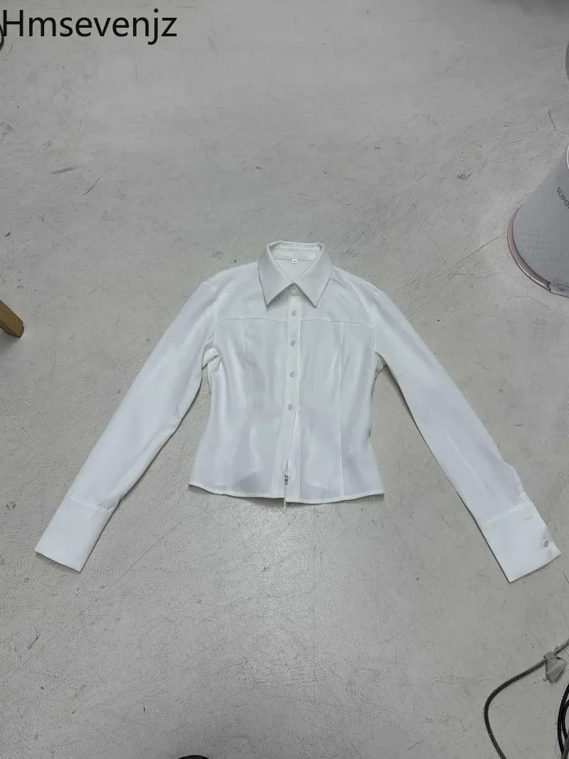 Hmsevenjz Spicy Girl 플레어 슬리브 백 탄성 셔츠 여성 여름 턴 다운 칼라 경량 슬림 피트 셔츠 여성 의류