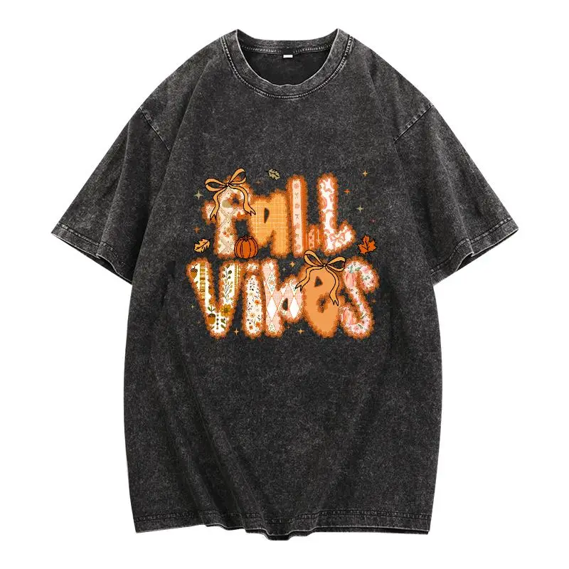

Oversized "Fall Vibes" T-shirt, Autumn Pumpkin Graphic Tee, Washed Retro Loose Fit Top, Cozy Seasonal Wear