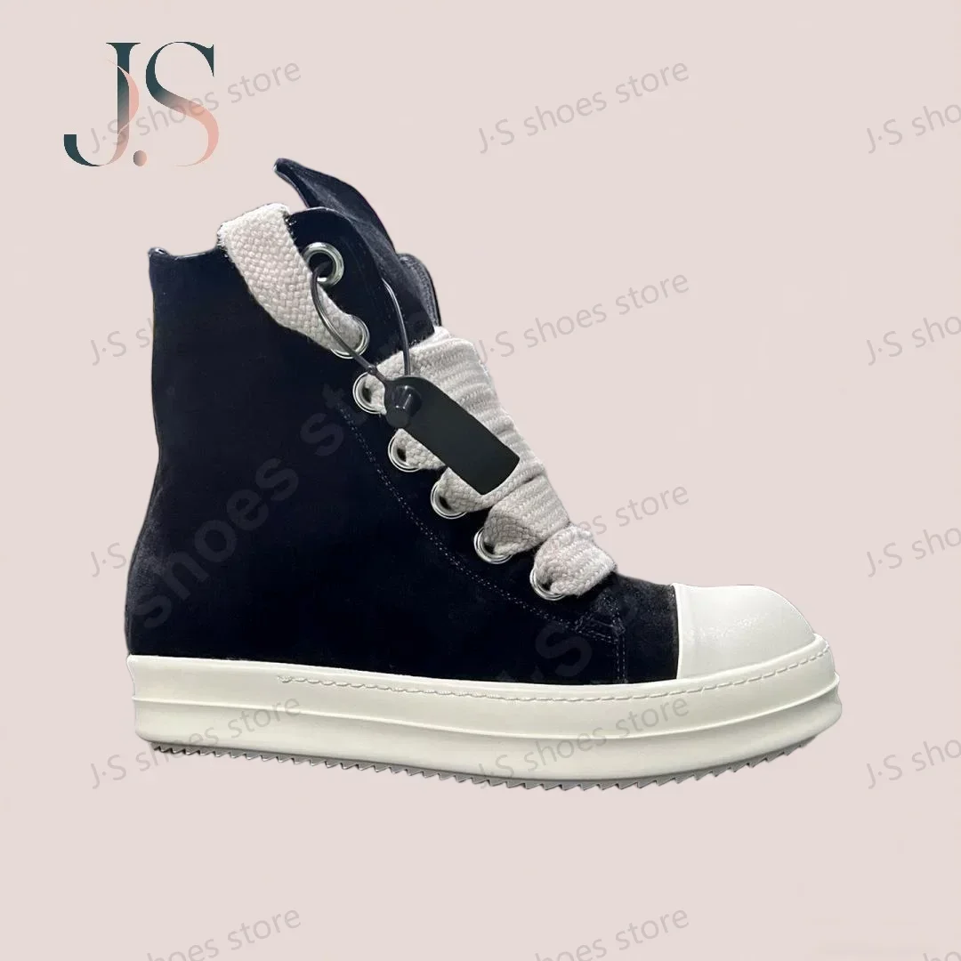 

Ro Men Shoe Black Suede Boots Outdoor High Top Casual Shoes Women Sneaker Jumbo Laces Zipper Cowhide Sneakers Ankle Boot