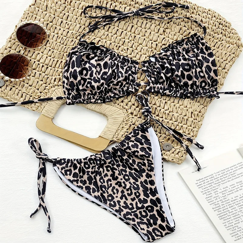 Push up bikini conjunto 2024 leopardo impresso sexy halter colheita biquinis feminino camis sem costas bandagem rendas até maiô beachwear feminino