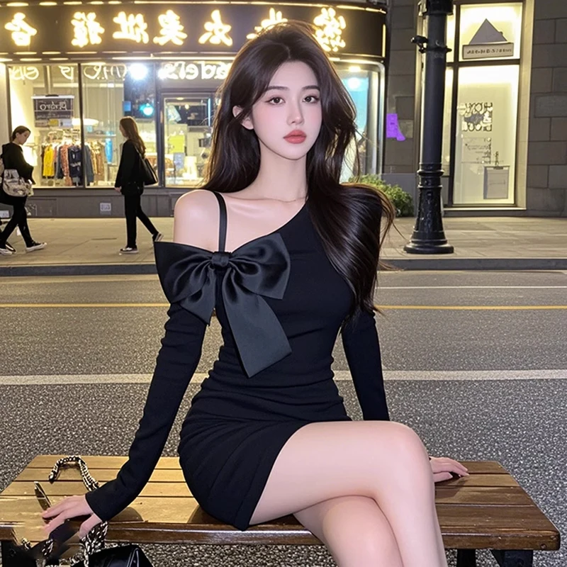 Versione donna nero elegante abito lavorato a maglia con spalle scoperte autunno primavera nuovo festival abiti avvolgenti a maniche lunghe 2025