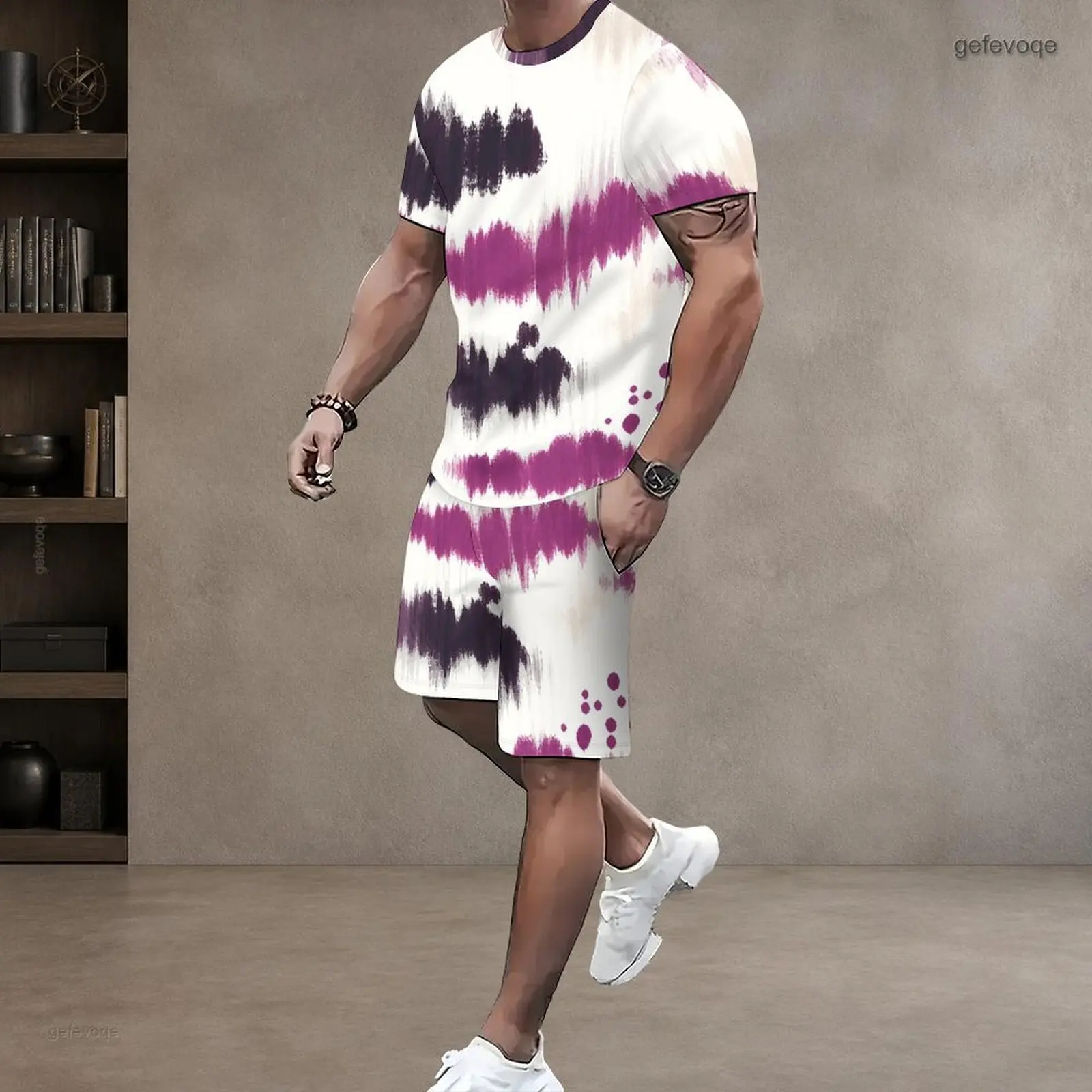Men Printed Shorts Set Round Neck Short Sleeve Top Drawstring Shorts Two Piece