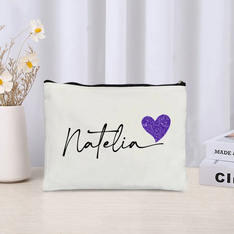 Custom Name with Love Heart Makeup Pouch Bag for Women Gift Cute Travel Cosmetic Organizer Office Supplies Storage Handbag Purse