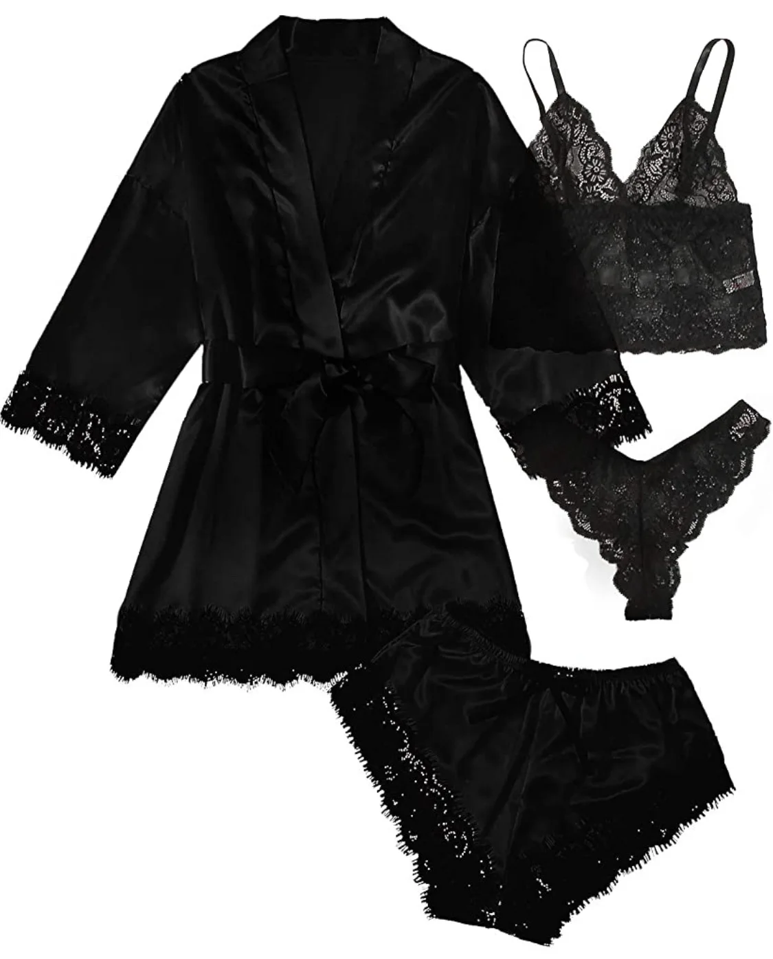 

4 Pieces Woman Sleepwear Pajamas Set With Robe Sexy Lace Lingerie Bathrobe Silk Satin Home Clothed Nightwear Robe Underwear