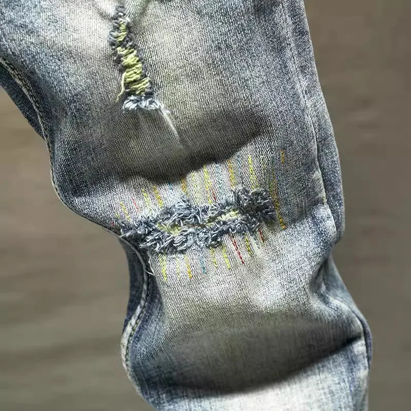 Fashion Vintage Men Jeans Retro Washed Blue Stretch Slim Fit Patched Ripped Jeans Men Embroidery Designer Hip Hop Denim Pants
