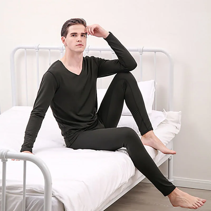 Thermal Fleece Underwear for Men, Long Johns, Compression Leggings, V-neck Pajamas, Autumn and Winter