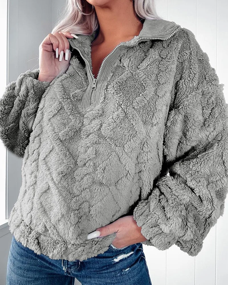 Dames herfst winter eenvoudige opstaande kraag losse lange mouw rits sweatshirt zachte comfortabele losse pluche trui