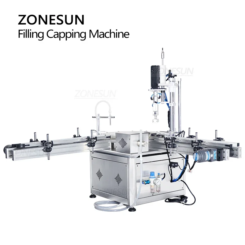 ZONESUN ZS-AFC1S Mesin Capping Pengisian Pompa Magnetik Kemasan Botol Cairan dengan Konveyor Meja Putar Lini Produksi Kecil