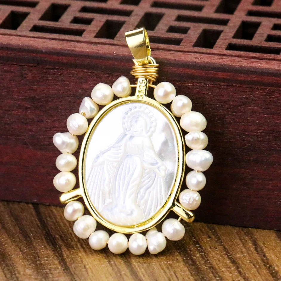 Real Shell Natural Mother-of-pearl Pendant Virgin Mary Christianity Amulet Pink Luxury Jewelry Findings DIY Necklace Accessories