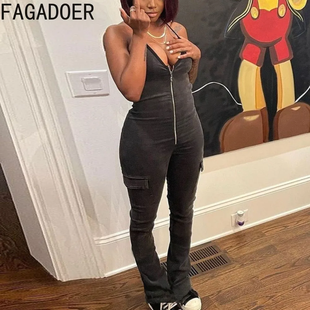 

FAGADOER Fashion Solid Zipper Jeans Suspenders Jumpsuits Women Deep V Sleeveless Backless Slim Playsuits Female Denim Overalls