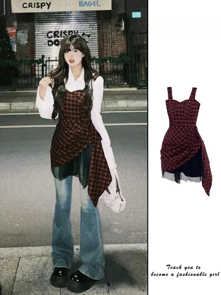 Spicy Girl Sommer Frühling Plaid Strap Dr Damen Pure Desire Taille Cinching ort A-Linie Rock Vintage Sle No Brand