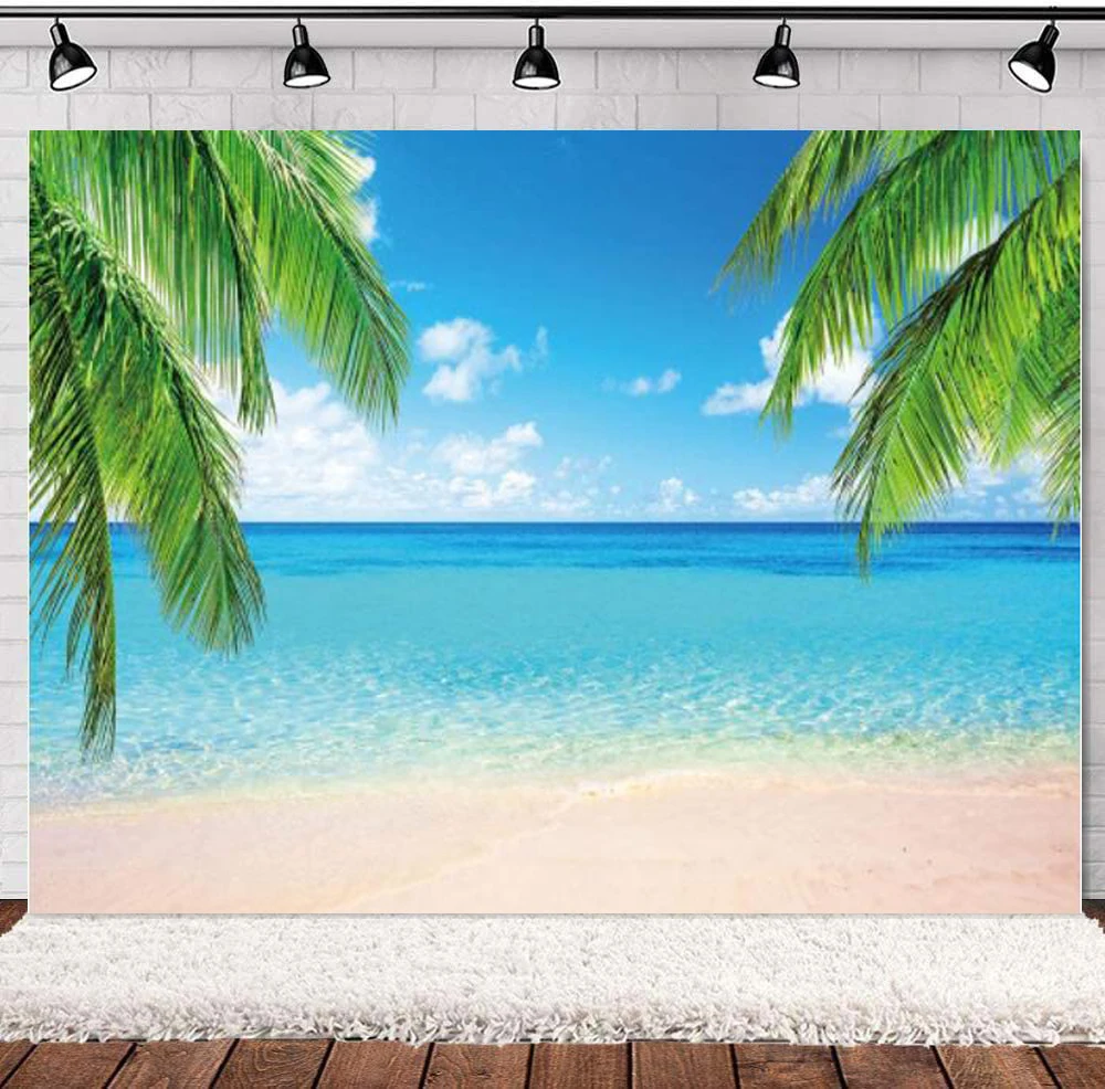 

Summer Tropical Beach Theme Photo Background Sea Ocean Leaf Sand Beach Blue Sky White Hawaii Photography Backdrop Birthday Party