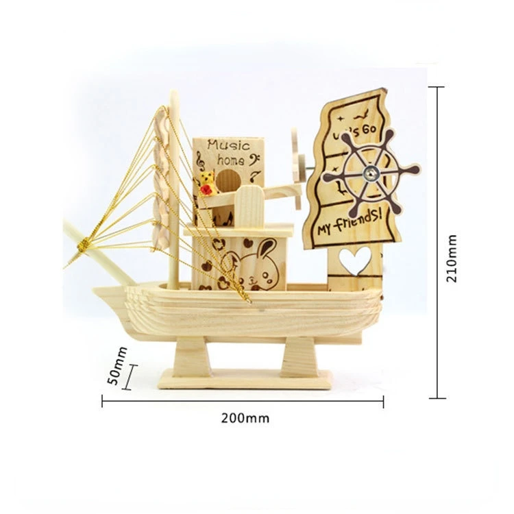 Music Sailboat Wooden Music Box Wind Up Rotary Music Box for Girls and Children's Birthday Gifts