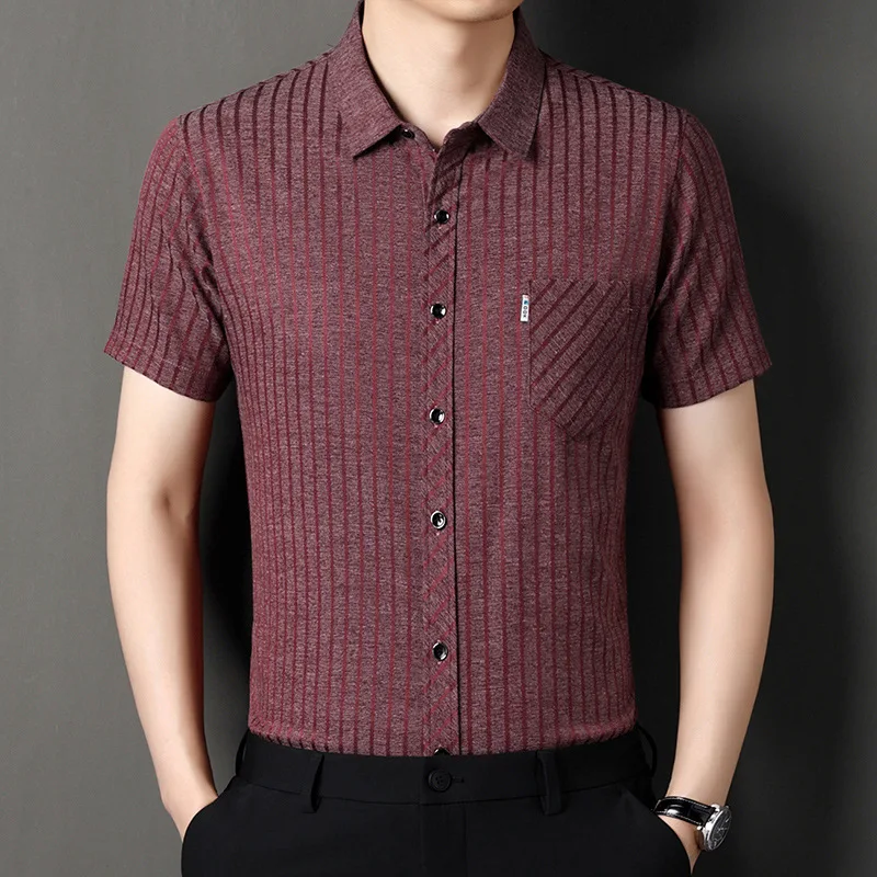 

Mulberry Silk Short-sleeved Shirt Men's Middle-aged Summer New High-end Loose Casual Real Pocket Half-sleeved Shirt