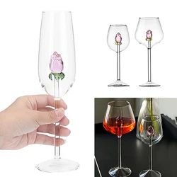 Creative 3D Pink Glass Rose Build-In Red White Wine Glasses Cup Drinkware Goblet Champagne Flute Household Lovely Valentine Gift