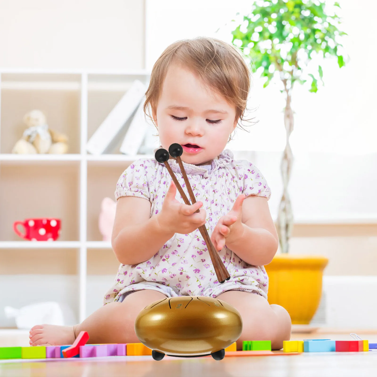 Juego etéreo de 6 pulgadas, tambor de lengua de percusión de Metal, tambor H portátil para amantes de la música, instrumento para bebés, baquetas de madera resistentes y estables