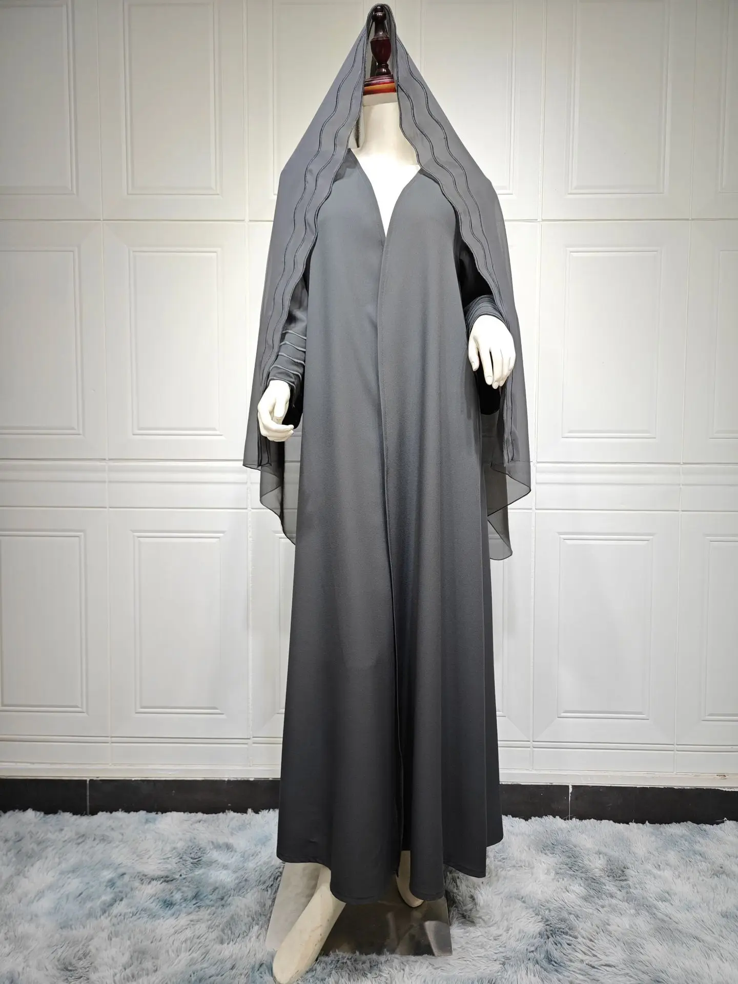 라마단 이드 이슬람 여성 그레이 블랙 Abaya 세트 두바이 이슬람 Kaftan Hijab 드레스 가운 중동 기모노 패션