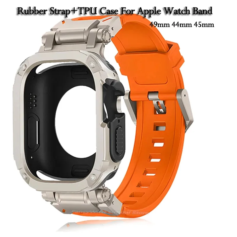 Rubber Strap+TPU Case For Apple Watch Band Ultra 2 49mm 44mm 45mm Protector Case Cover Men Bracelet for IWatch Series 9 8 7 5 4