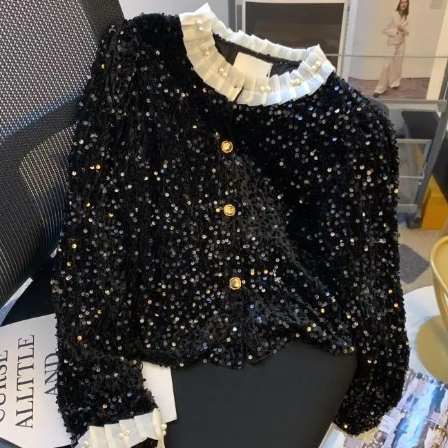 Xiaoxiangfeng Heavy Industry Sequined Velvet Shirt Women's Design Sense Nail Bead Fungus Edge Cardigan Unique and Beautiful Top