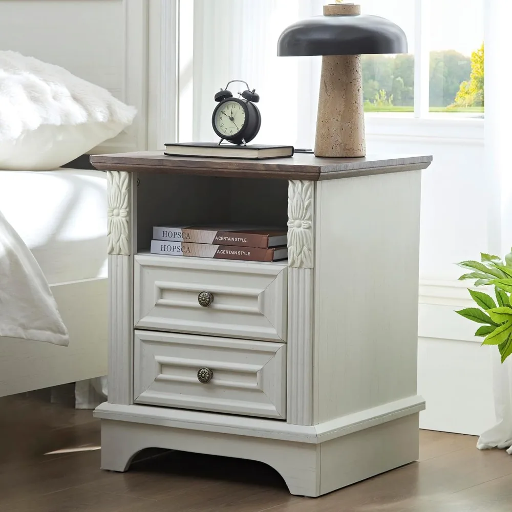 

Nightstand with Charging Station, 20" End Table with 2 Drawers, Farmhouse Night Stand Side Table Storage Cabinet