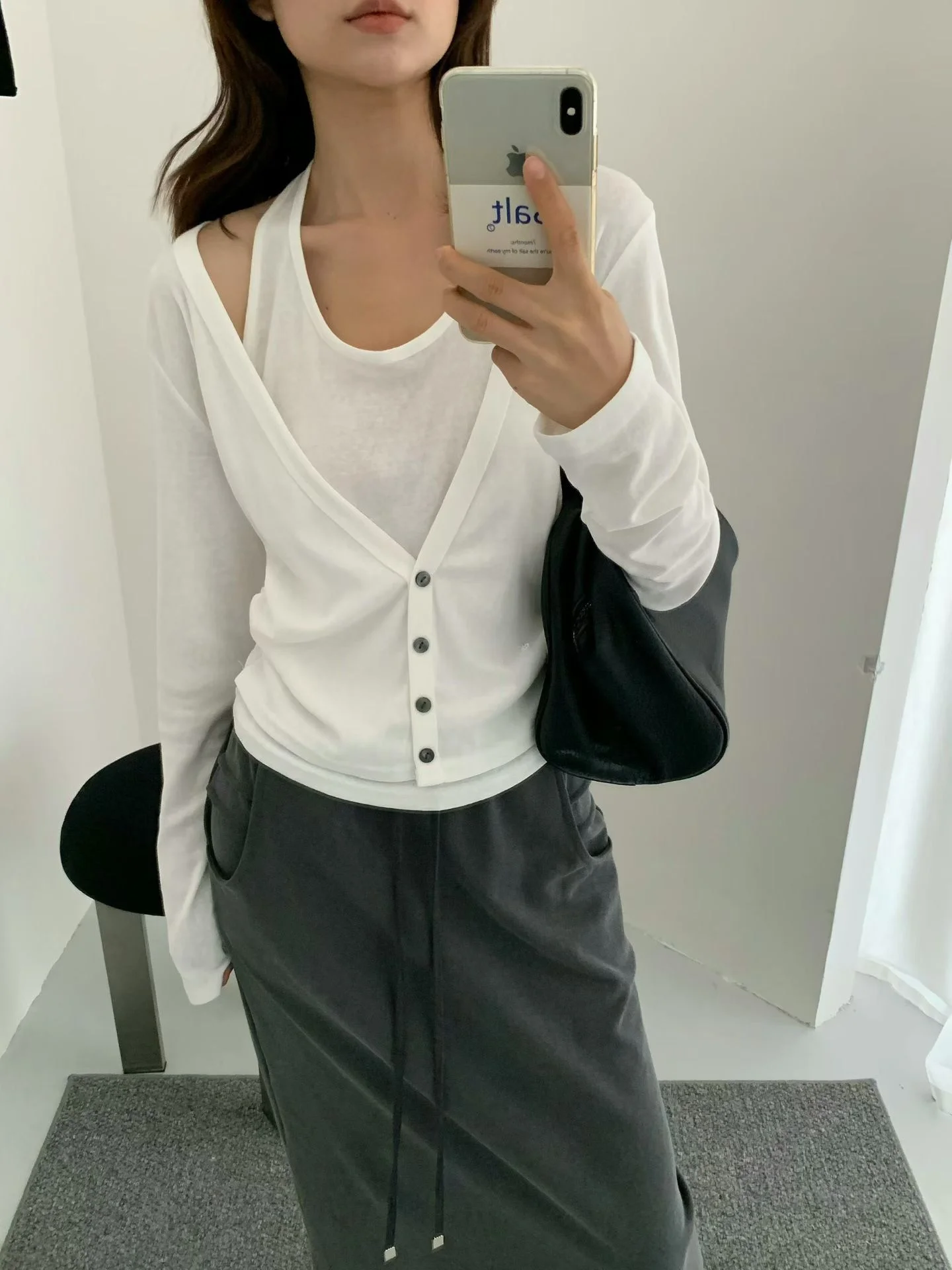 Fashionable Korean Style Base Shirt Collared Color Block Top Women's Long Sleeve Cotton T-Shirt V-Neck Design Breathable Skin...