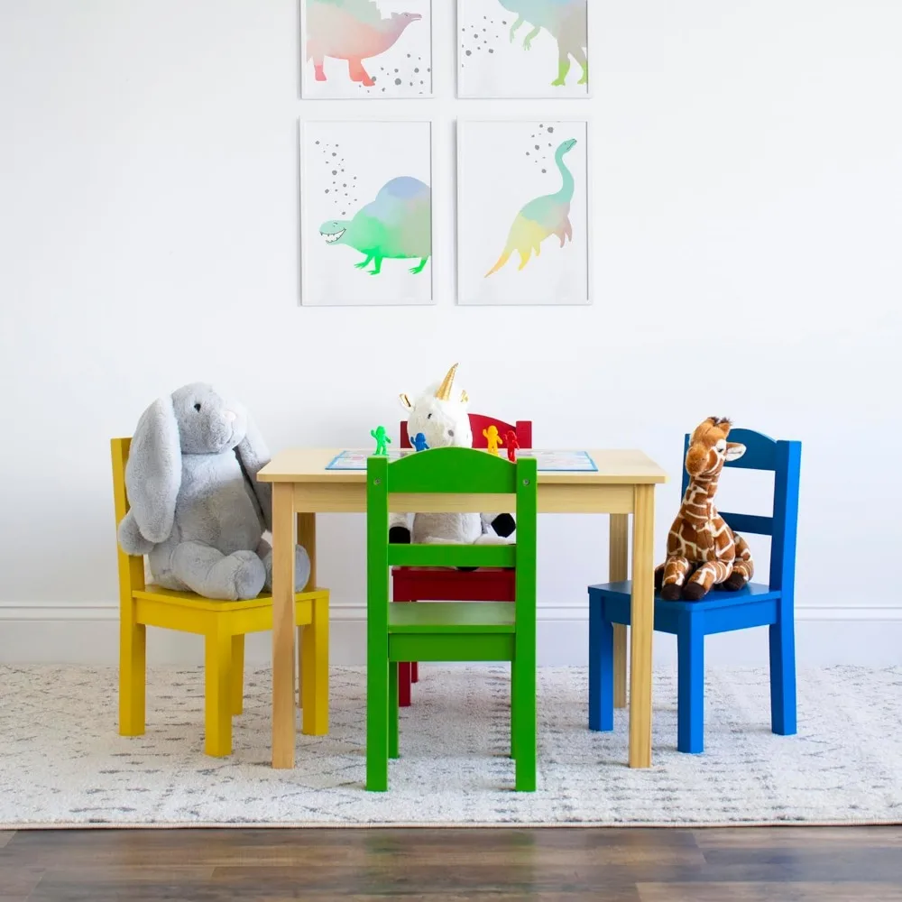 Children's Wooden Table and Chair Set, Natural and Primary Colors - Ideal for Arts and Crafts, Play, and Learning
