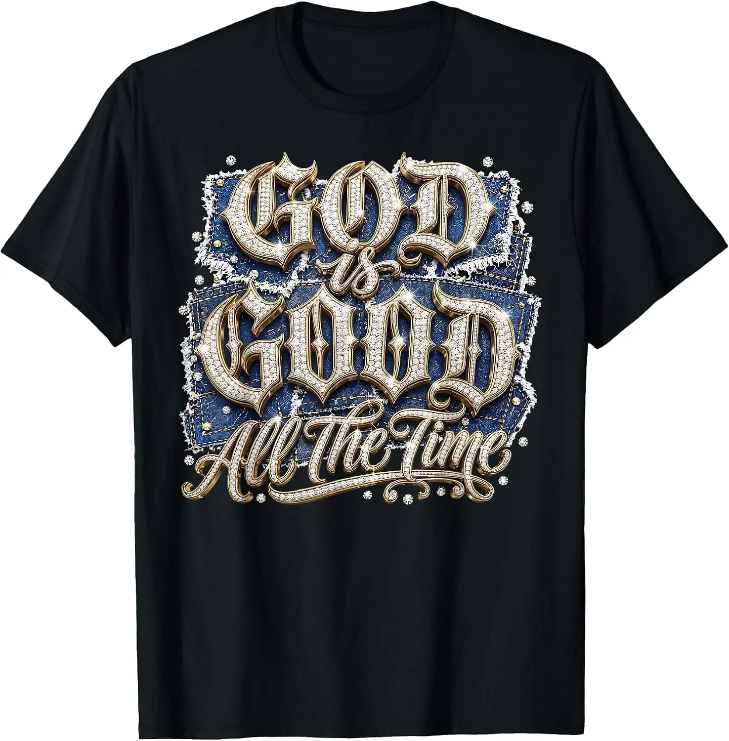 God Is Good All The Time Rhinestone Christian Design T-Shirt Halloween Loose-Fit Pure Cotton Short-Sleeve Top – Stylish, Breathable, Plus-Size – Christmas Gift