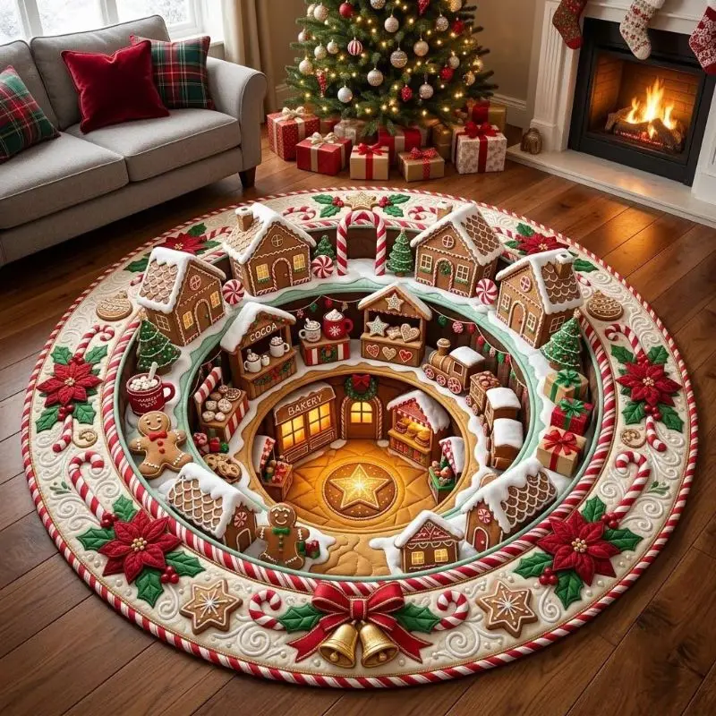 VIKAMA Christmas Round Rug Gnome Patchwork Snowflake Poinsettia Area Rug Living Room Holiday Home Decor Aesthetic Art Premium