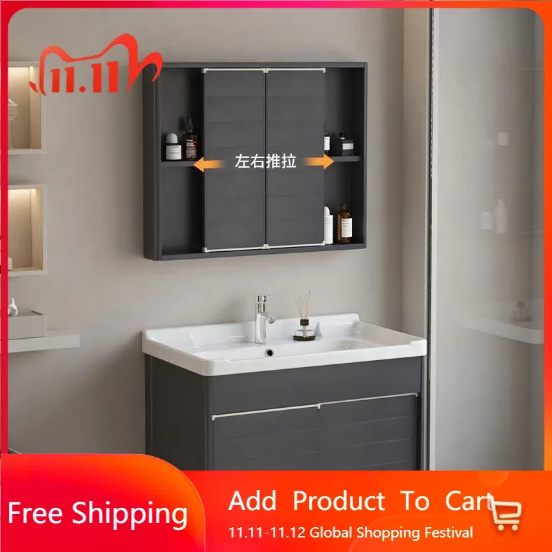 

Aluminum Bathroom Cabinets Sliding Mirror Cabinet Integrated Ceramic Basin Bathroom Vanity Cabinet with Sink Bathroom Furniture
