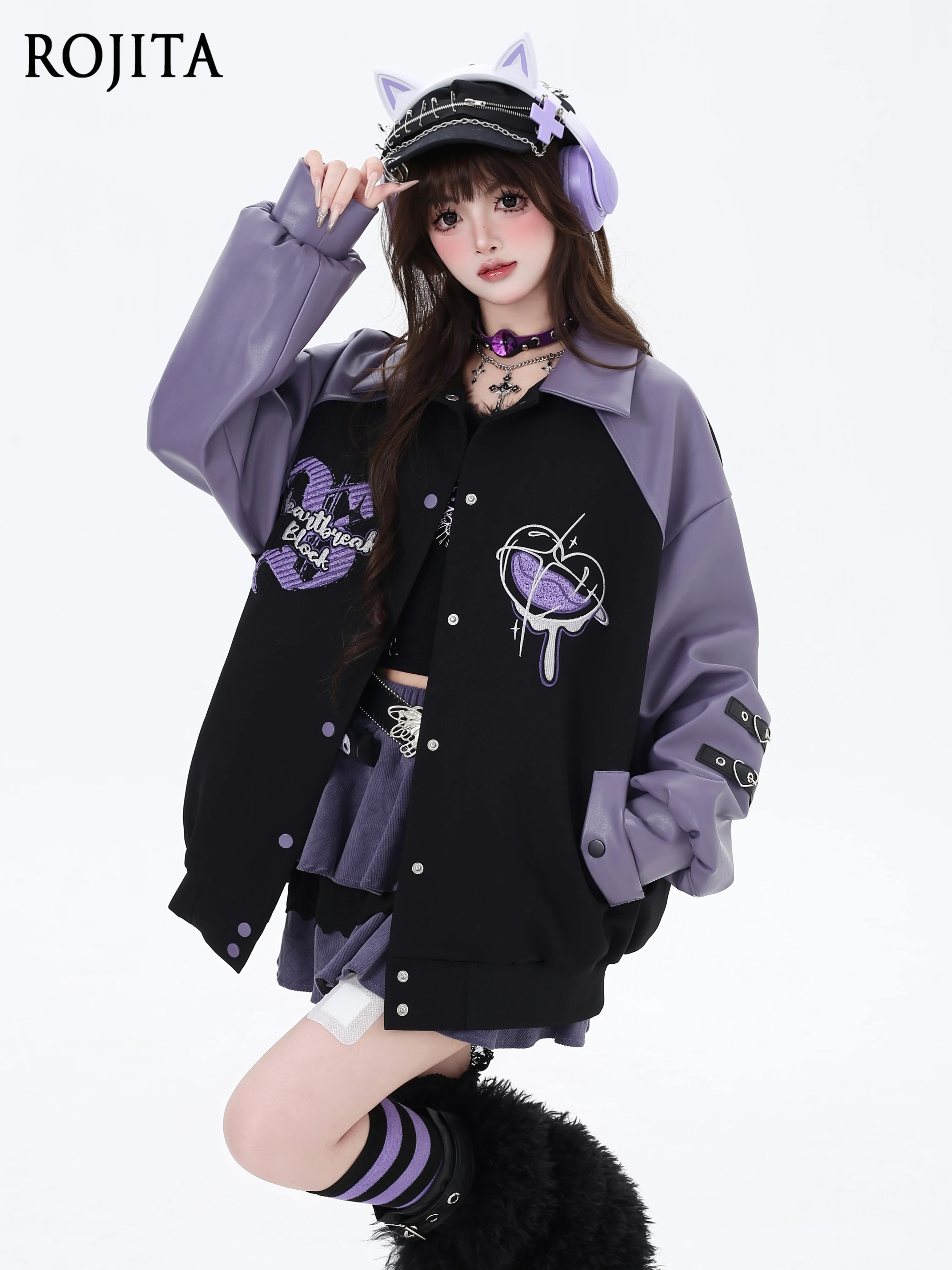 

Subculture Black and Purple Embroidered Patchwork Color-Block Heart Baseball Jacket for Women PU Leather Long Sleeve Jackets