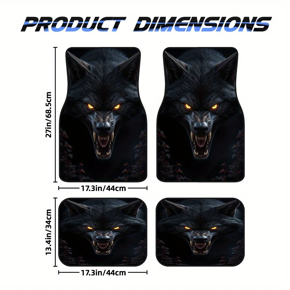 4pcs Vehicle Floor Mats Presenting Ferocious Wolf Dark Art Motif, Suitable For Minivans Or Crossovers, Offering Cleaning-Friendl
