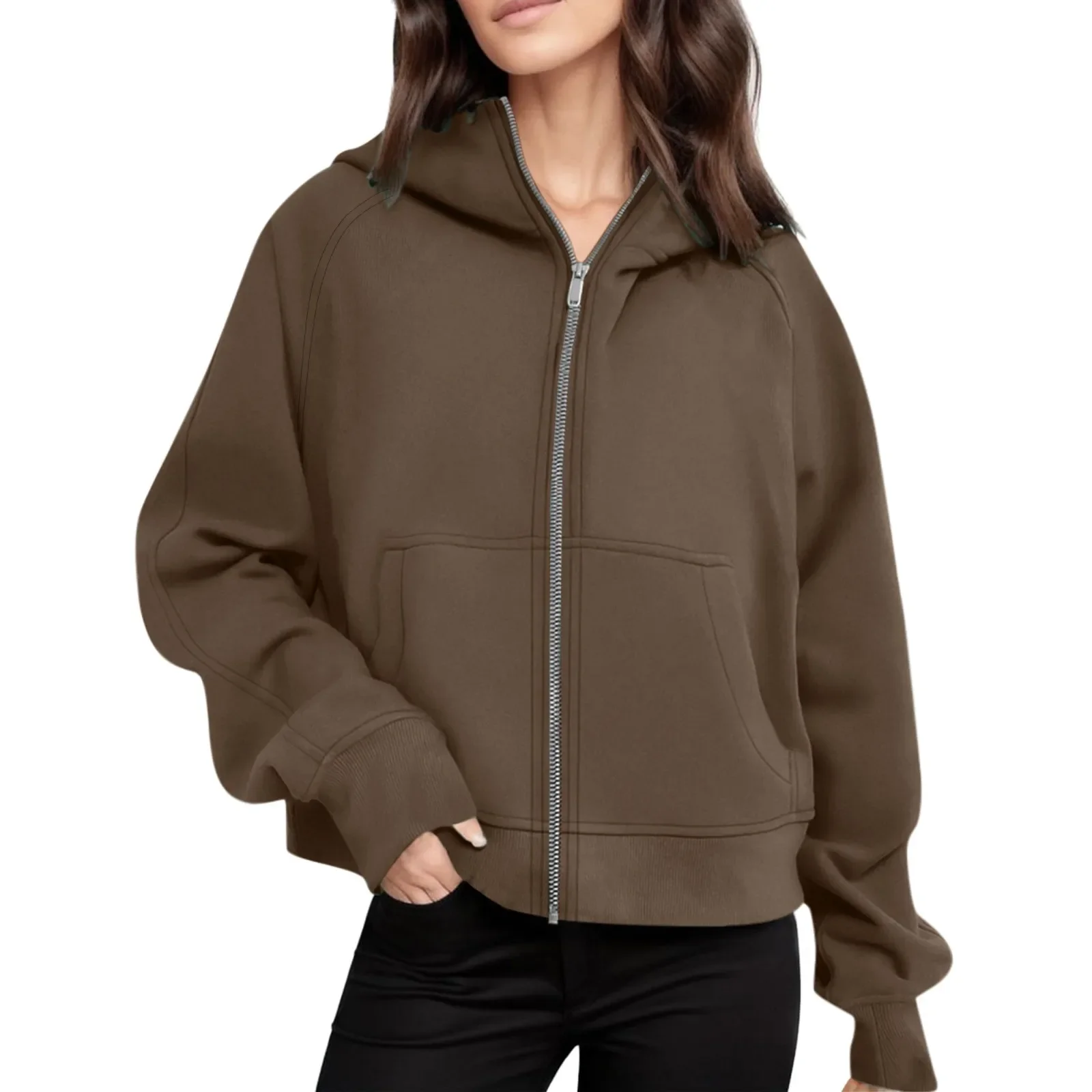 Fleece Oversize Hoodies Sweatshirts Women Zip Up Cropped Full Zipper Pullover 2023 Winter Trendy Hooded Outdoor Clothes Pocket