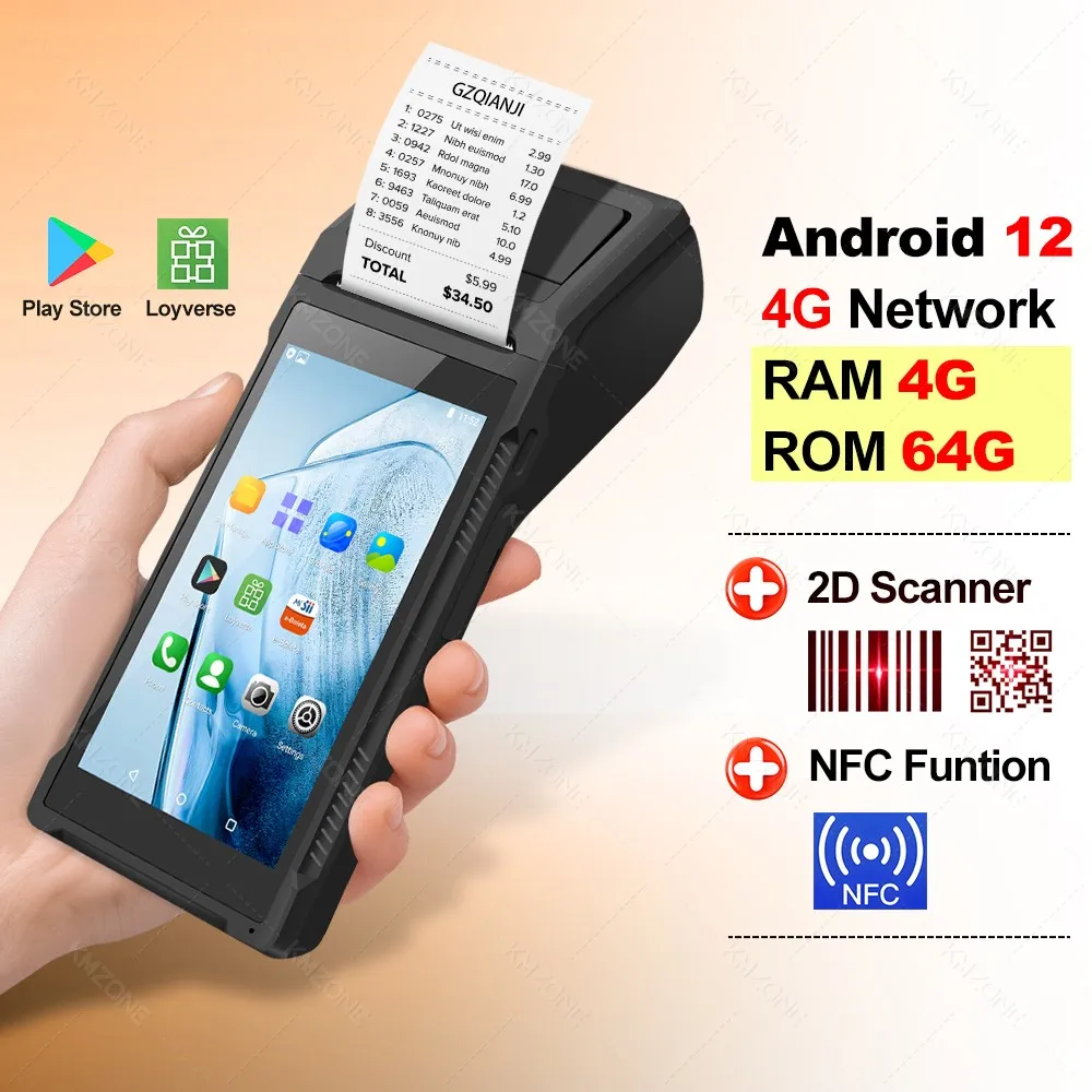 Android 11/12 POS PDA met 2D barcode scanner, NFC, 58mm bonprinter, handheld terminal, Point of Sale systeem, alles-in-één, 4G/64G