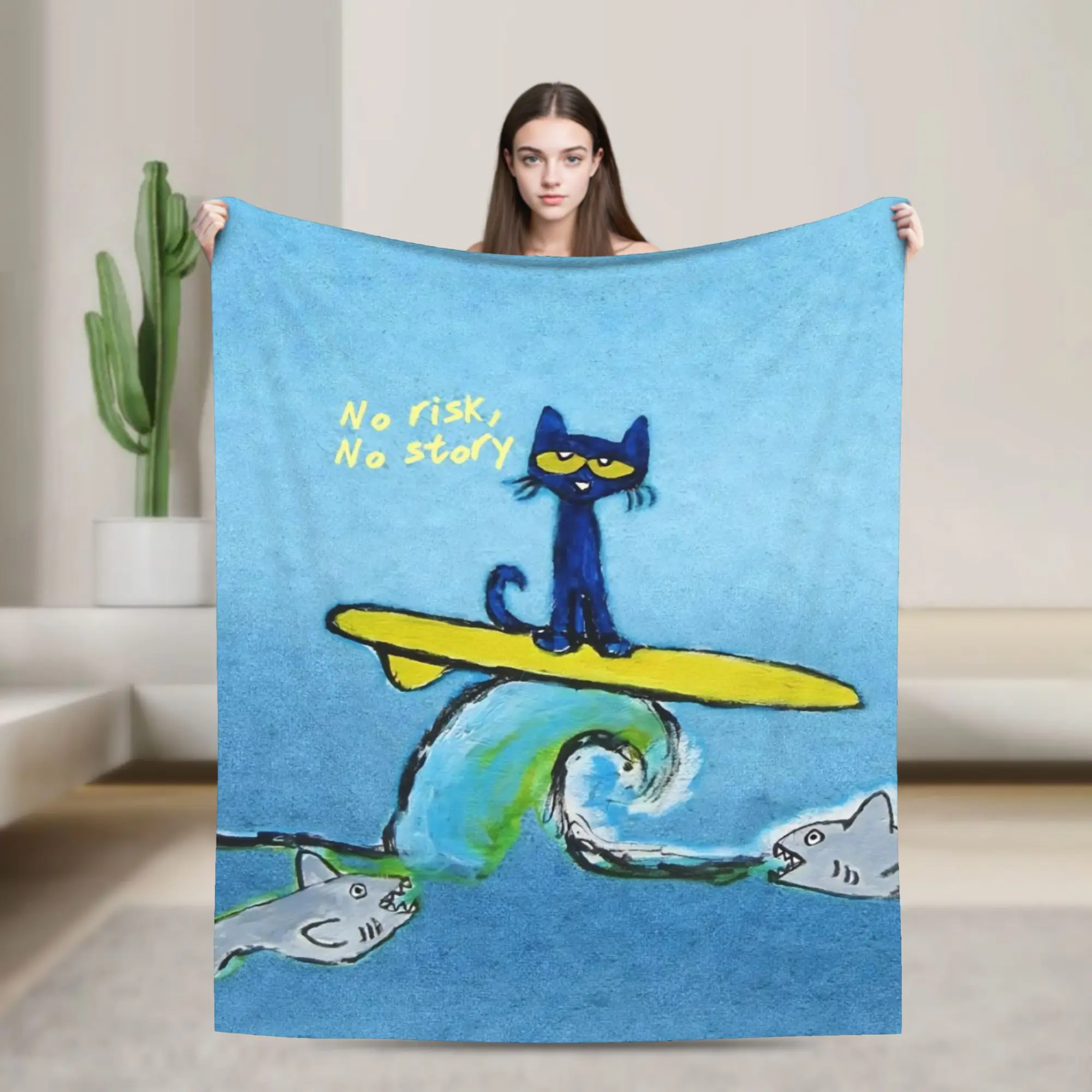 Surfing Pete The Cat Fleece Blanket  Funny Throw Blanket for  Sofa Bedding Lounge 150*125cm Quilt