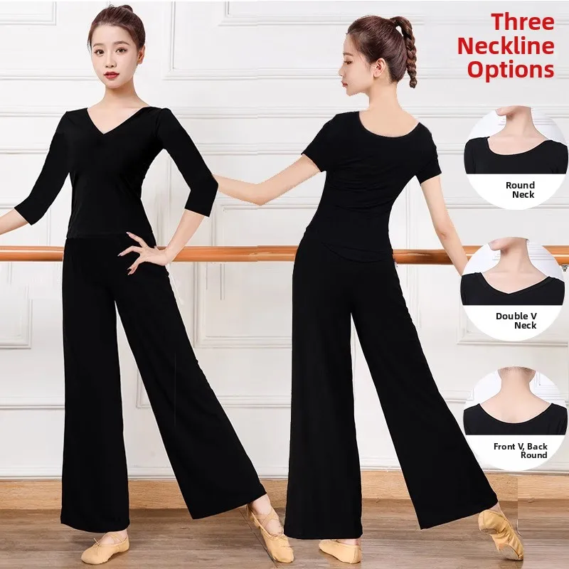 

Modern Dance Practice Suit Women's V-ne Wide Leg Pants Adult Top Physical Dance Clothes Cotton Material Online Exclusive