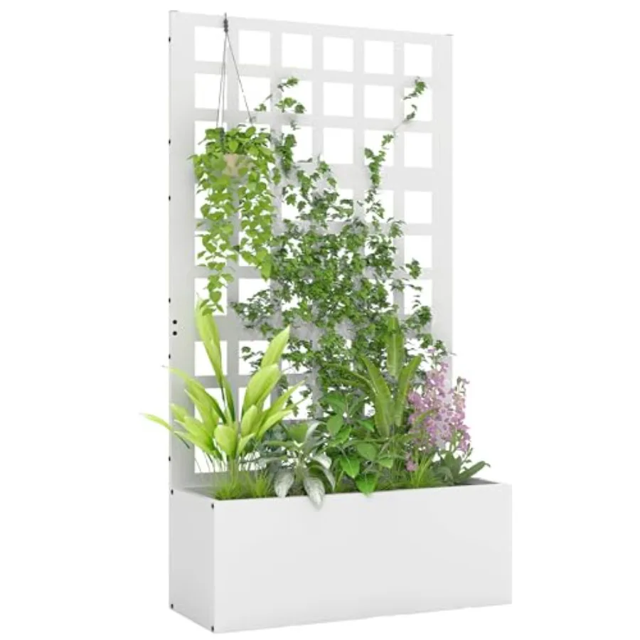 Outdoor Galvanized Metal Raised Garden Bed With Trellis, White, For Climbing Plants, Vegetables, Vinesrust-Resistant, Drainage