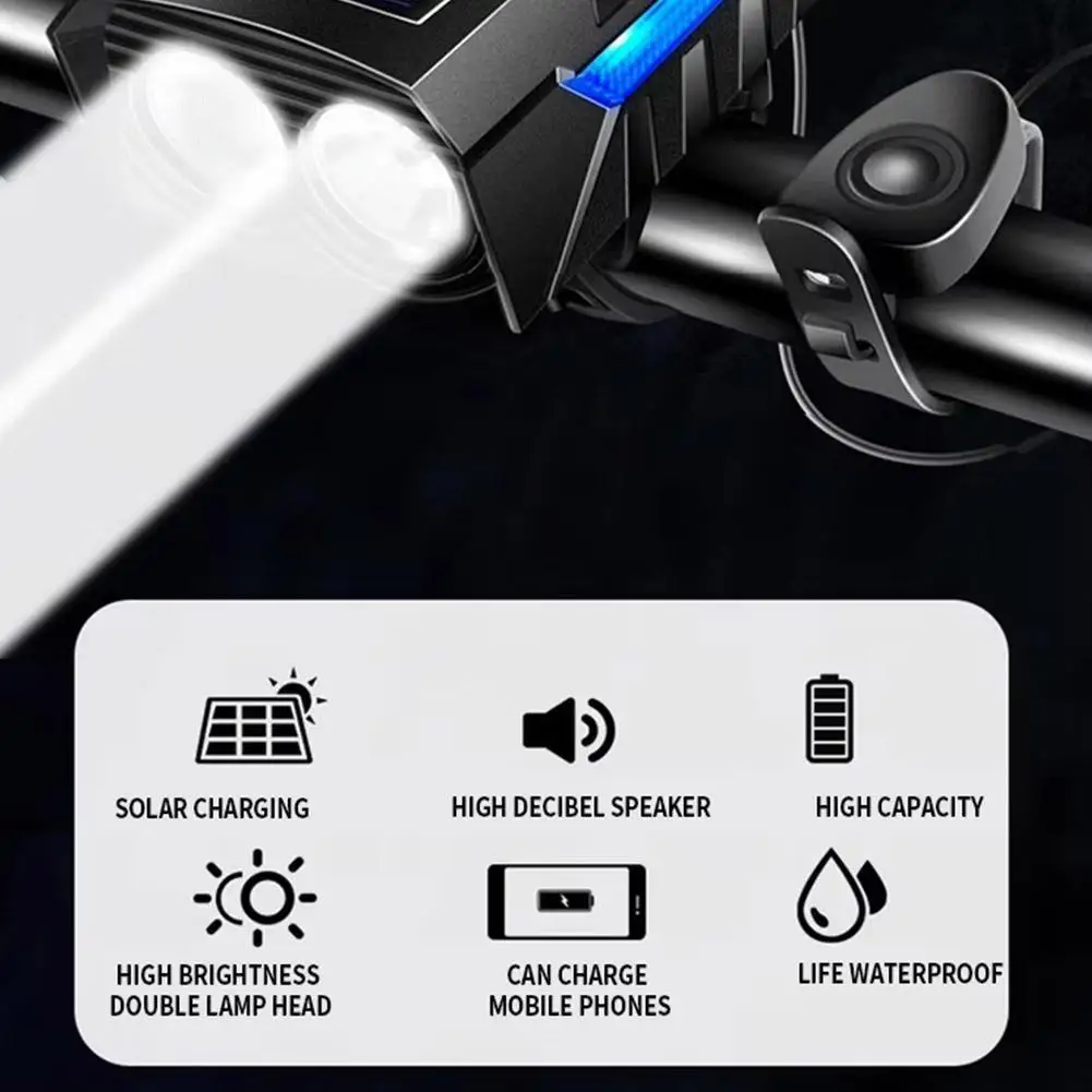 Bicycle Horn Headlight Solar Charging High Brightness Waterproof MTB Road Bike LED Front Lamp Safety Warning Bell  ﻿