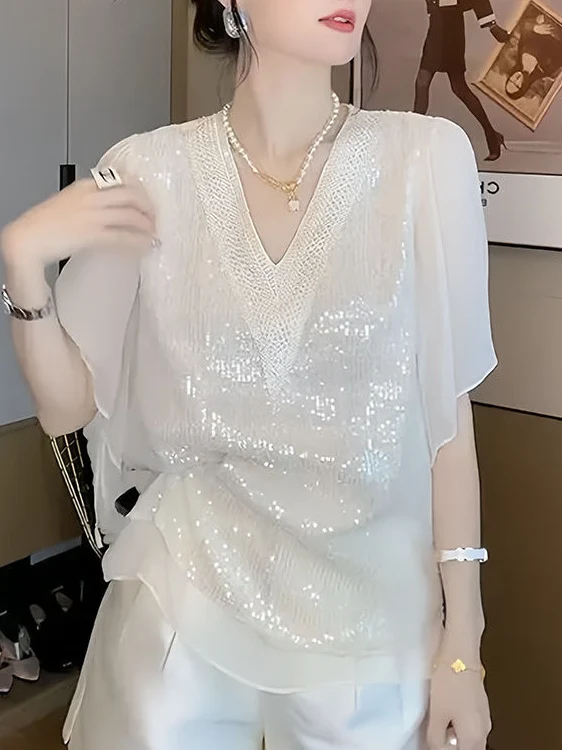 

plus Size Fashionable Casual V-Neck Women's Set Decorated Sequins Stylish Leisure Two-Piece Set Comfortable Korean Style